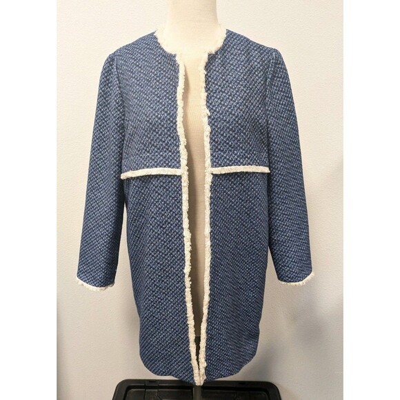 J. McLaughlin Blue White Fringe Trim Tweed Blazer Jacket sz M Officewear Chic - Picture 2 of 12